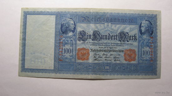Германия Ro43b . 100 марок 1910 г. (Бумага светло - голубая . Печать , номер и серия - красный цвет )