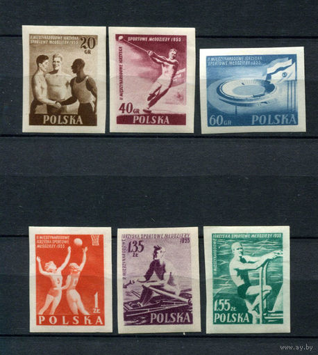 Польша - 1955 - 11 Международные спортивные игры молодежи (без зубцов) - [Mi. 934B-939B] - полная серия - 6 марок. MNH.