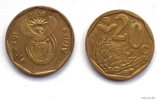 ЮАР, 20 центов 2008. Надпись на языке южный ндебеле: ISEWULA AFRIKA