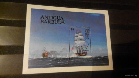 Морской бой, парусники, корабли, транспорт, флот, блок, Антигуа и Барбуда, 1988