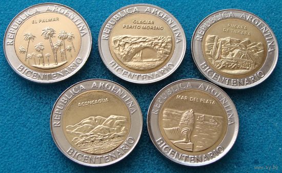 Аргентина. Набор 5 монет  по 1 песо 2010 года   "200 лет Аргентине"