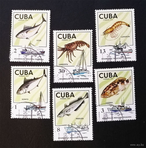 Куба 1975 г. Рыболовецкая промышленность. Рыба. Корабли, полная серия из 6 марок #0088-Ф2P16