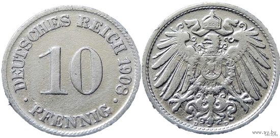 YS: Германия, Рейх, 10 пфеннигов 1908D, KM# 12 (3)