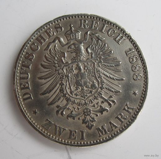 Пруссия 2 марки 1888 серебро  .28-304