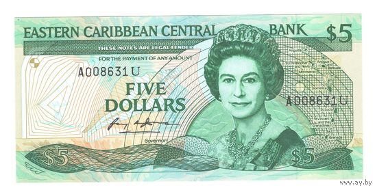 Восточные Карибы 5 долларов 1986 года. Тип Р 18u. Буква U (Ангилья). Состояние UNC!
