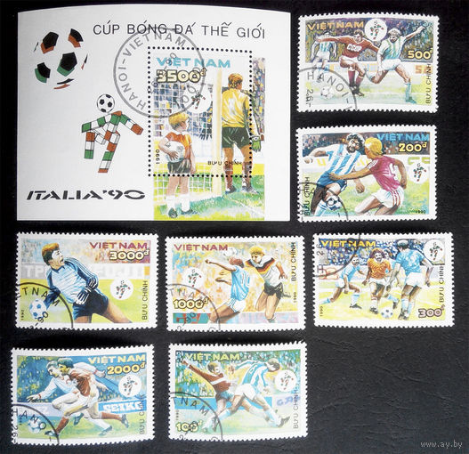 Вьетнам 1990 г. Чемпионат Мира по Футболу. Италия 1990 год. Спорт, полная серия из 7 марок +Блок #0029-С1P6