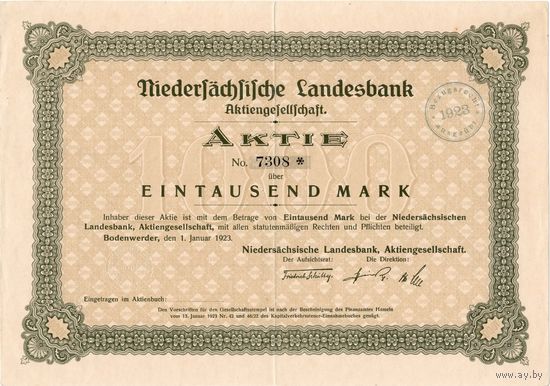 Акция на 1000 марок, Банк Нижней Саксонии, 1923 г. Купоны, в/з, сухая печать. Не частая