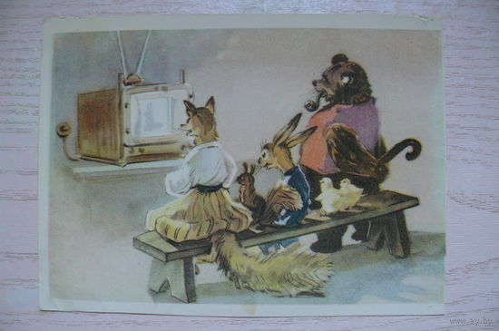 Вендер А., Звери смотрят телевизор; 1957, чистая (медведь, лиса).