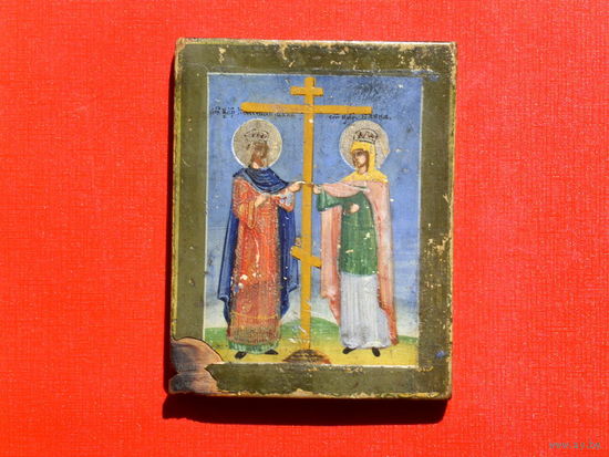 Икона Воздвижение  креста Константинам и Еленой.Серебро темпера, кипарис