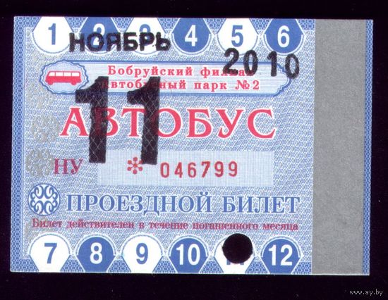 Проездной билет Бобруйск Автобус Ноябрь 2010
