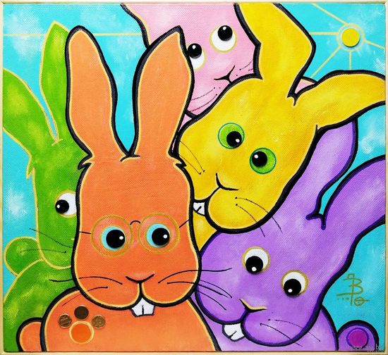 Денежный кролик "Веселые соседи"/ Анимализм / 48 x 52см