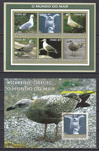 Мир моря. Морские птицы. Мозамбик. 2002. 1 малый лист и 1 блок. Michel N 2566-2771, бл188-192 (26,0 е)