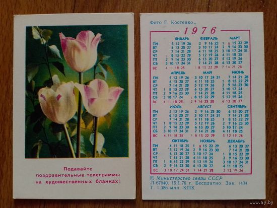 Карманный календарик.Цветы.1976 год