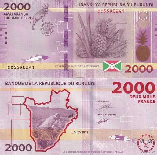 Бурунди 2000 франков образца 2018 года UNC p52