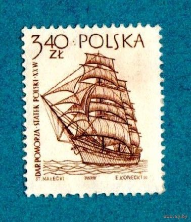 Марка Польши-1964- Парусники- Чистая.