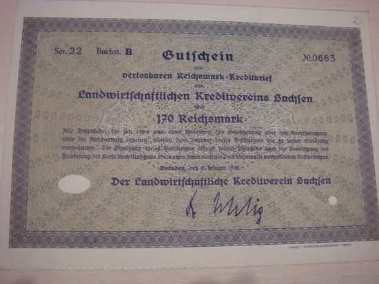Акция Облигация Германия Третий рейх 170 рейхсмарок 1930 2