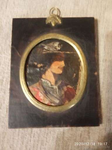 Старинная Портретная миниатюра. Масло  на холсте. Рамка дерево , бронза.