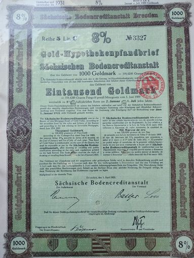 Германия, Дрезден 1925, Залоговое письмо, Облигация, 1000 Голдмарок -8%, Водяные знаки, Тиснение. Размер - А4