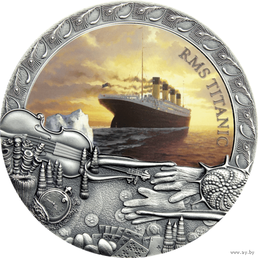 RARE Ниуэ 5 долларов 2020г. "Великие кораблекрушения в истории: Корабль Титаник". Монета в капсуле; деревянном подарочном футляре; сертификат; коробка. СЕРЕБРО 62,20гр.(2 oz).