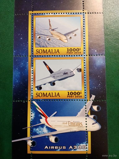 Сомали 2016. Гражданская авиация. Airbis A380. Малый лист