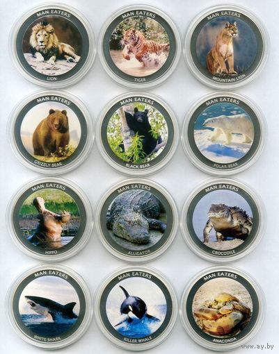 Комплект из двенадцати монет номиналом 100 шиллингов. Уганда, 2010 год. Серия: животные-людоеды.