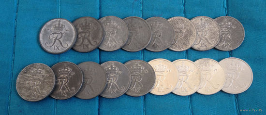 Дания 2 эре (оре) 25 монет цинк Полная погодовка 1949 - 1972 KM840.1, KM840.2, KM840.3