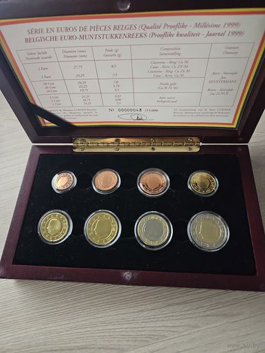 Бельгия PROOF 1999 год. 1, 2, 5, 10, 20, 50 евроцентов, 1, 2 евро. Официальный набор монет в деревянном футляре.