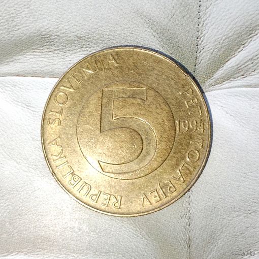 5 толаров 1994 года Словения. Республика Словения. Очень красивая монета! Родная патина!