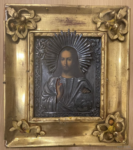Икона Господь Вседержитель, 19 век, оклад серебро 84 пробы, сусальная рамка, дарственная надпись, оригинал