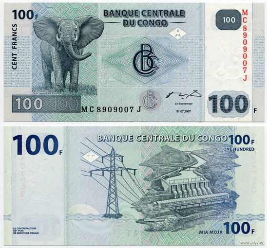 Конго. 100 франков (образца 2007 года, P98a, HdM, UNC)