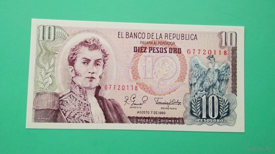 Банкнота 10 песо Колумбия 1980 г.