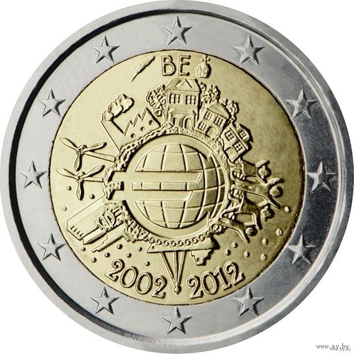 2 евро 2012 Бельгия 10 лет наличному обращению евро UNC из ролла