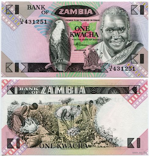 Замбия. 1 квача (образца 1980 года, P23b, UNC)