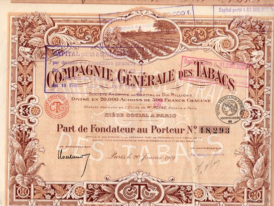 Сompagnie Generale des Tabacs,  1919 г., Париж, сертификат акций