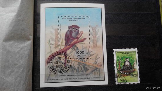 Марки фауна обезьяны лемуры Мадагаскар 1988 блоки и марка