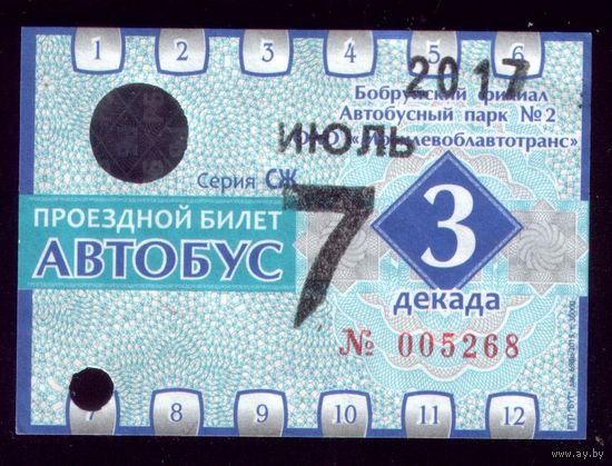 Проездной билет Бобруйск Автобус Июль 3 декада 2017