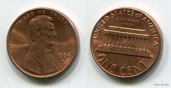 США. 1 цент (1984, буква D, aUNC)