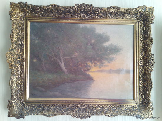 Картина 19/20 век "Раннее утро ,туман" Холст масло.ТЕХНИКА "СФУМАТО" подписная.