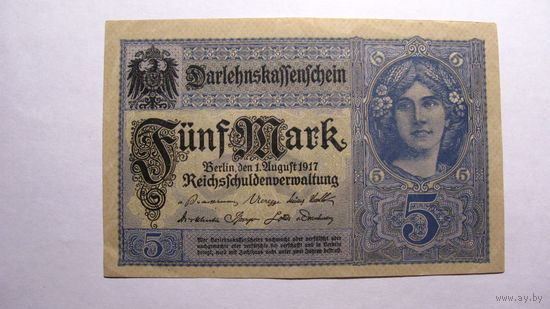Германия Ro54b . 5 марок 1917 г. ( 8 цифр в номере . Цвет : серо - синий )