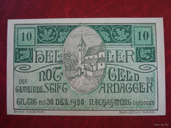 10 геллеров 1920 год Австрия Штифт Ардаггер
