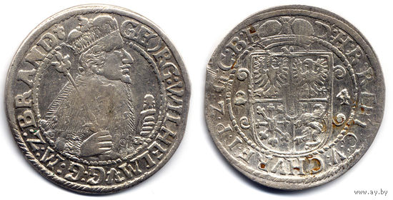 Орт 1624, Пруссия, Георг Вильгельм. Портрет в меховой мантии, BRAND и знак монетного двора в конце легенды на Ав., R1