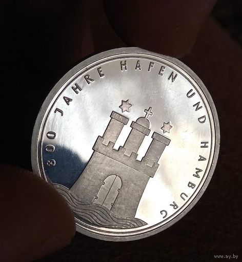 10  марок 1989   ФРГ 800 лет Гамбургскому порту Серебро  15.5 грамм