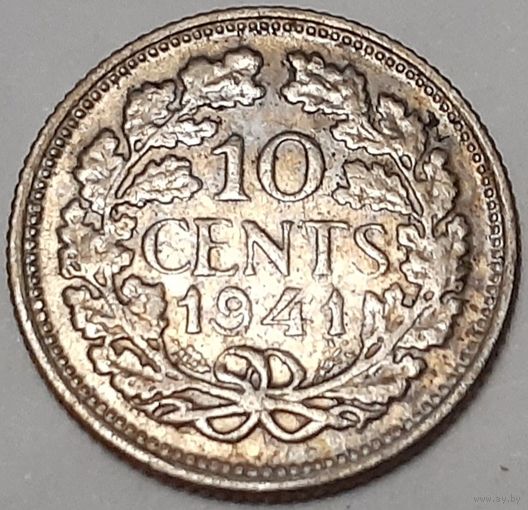 Нидерланды 10 центов, 1941 Портрет на аверсе /Серебро/ (1-1-4)