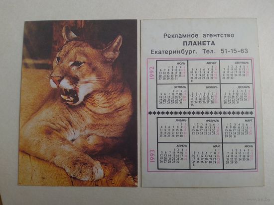 Карманный календарик. Пума.1992 год