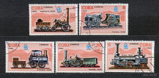 Паровозы. Железнодорожный транспорт. Куба. 1986. Серия 5 марок