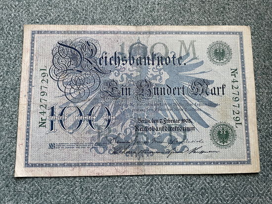Германия Имперская банкнота 100 марок серия 4279729 L Берлин 07.02.1908 год / Две зеленые печати
