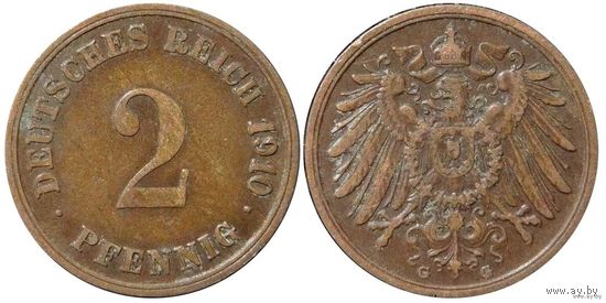 YS: Германия, Рейх, 2 пфеннига 1910G, KM# 16