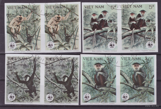Вьетнам - 1987г. - обезьяны, охрана природы - 4 сцепки - 8 марок - 2 полные серии, гашёные [Mi 1827-1830]. Без МЦ!
