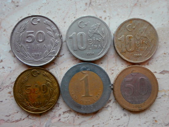 Набор 6 монет: 10000 лир, 10000 лир, 500 лир, 50 лир, 50 лир, 1 лира Турция