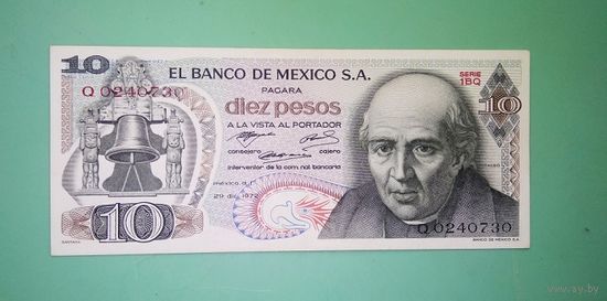 Банкнота 10 песо Мексика 1972 г.